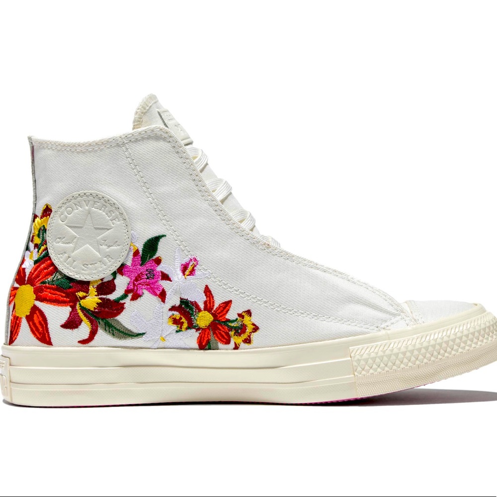 PatBO Converse White High Tops with Colorful Embroidery - Size 8
